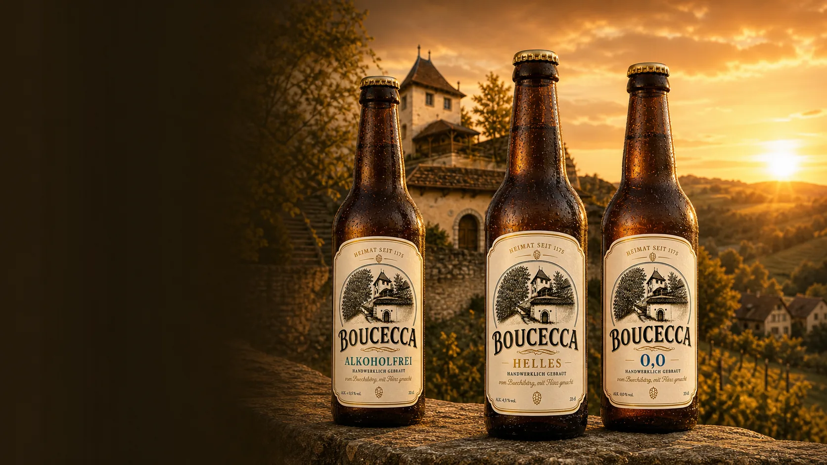Drei BOUCECCA-Bierflaschen vor Schloss Buchegg im Sonnenuntergang